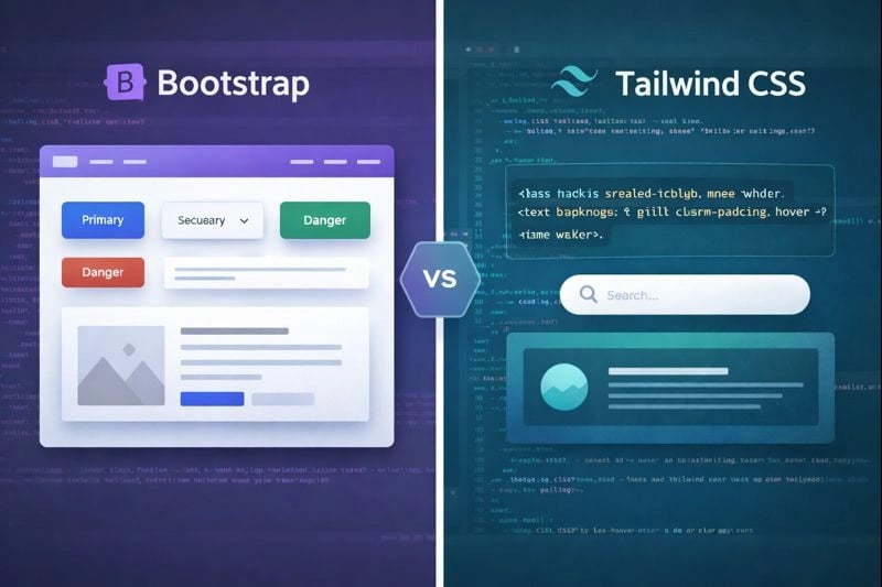 Comparison of Bootstrap and Tailwind CSS frameworks showing code snippets and UI components