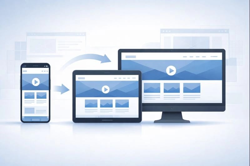 Mobile-first design concept showing a smartphone layout transitioning to desktop view