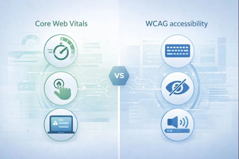Website performance and accessibility metrics with Core Web Vitals and WCAG guidelines icons