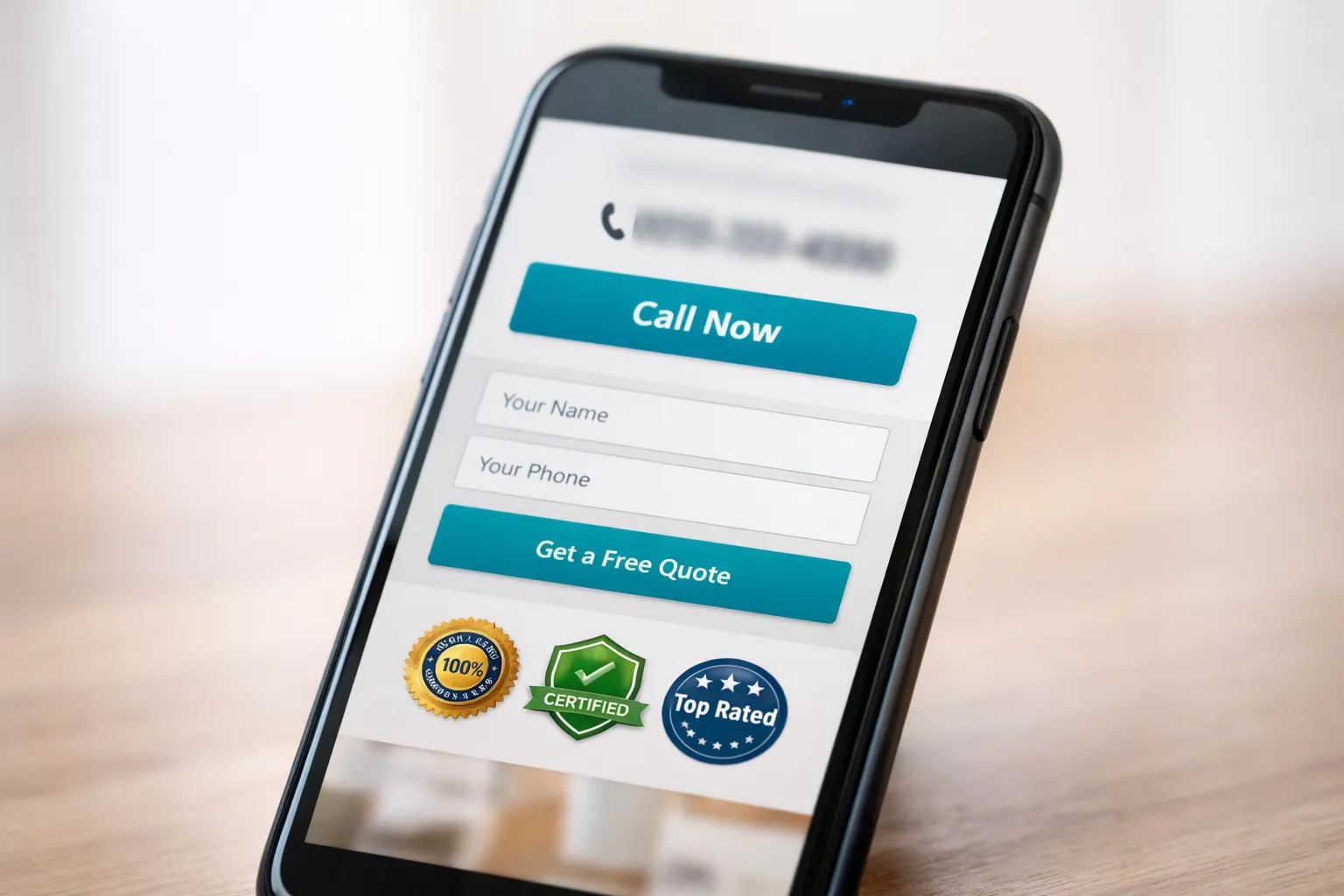 High-converting local service website on mobile device showing clear call-to-action buttons