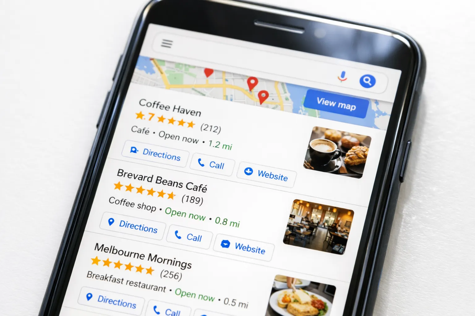Google Maps 3-pack showing local Melbourne Florida businesses in search results