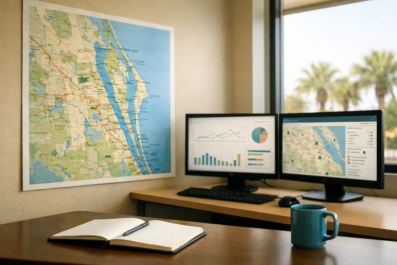 L3ad Solutions team workspace in Titusville Florida with Space Coast maps and analytics displays