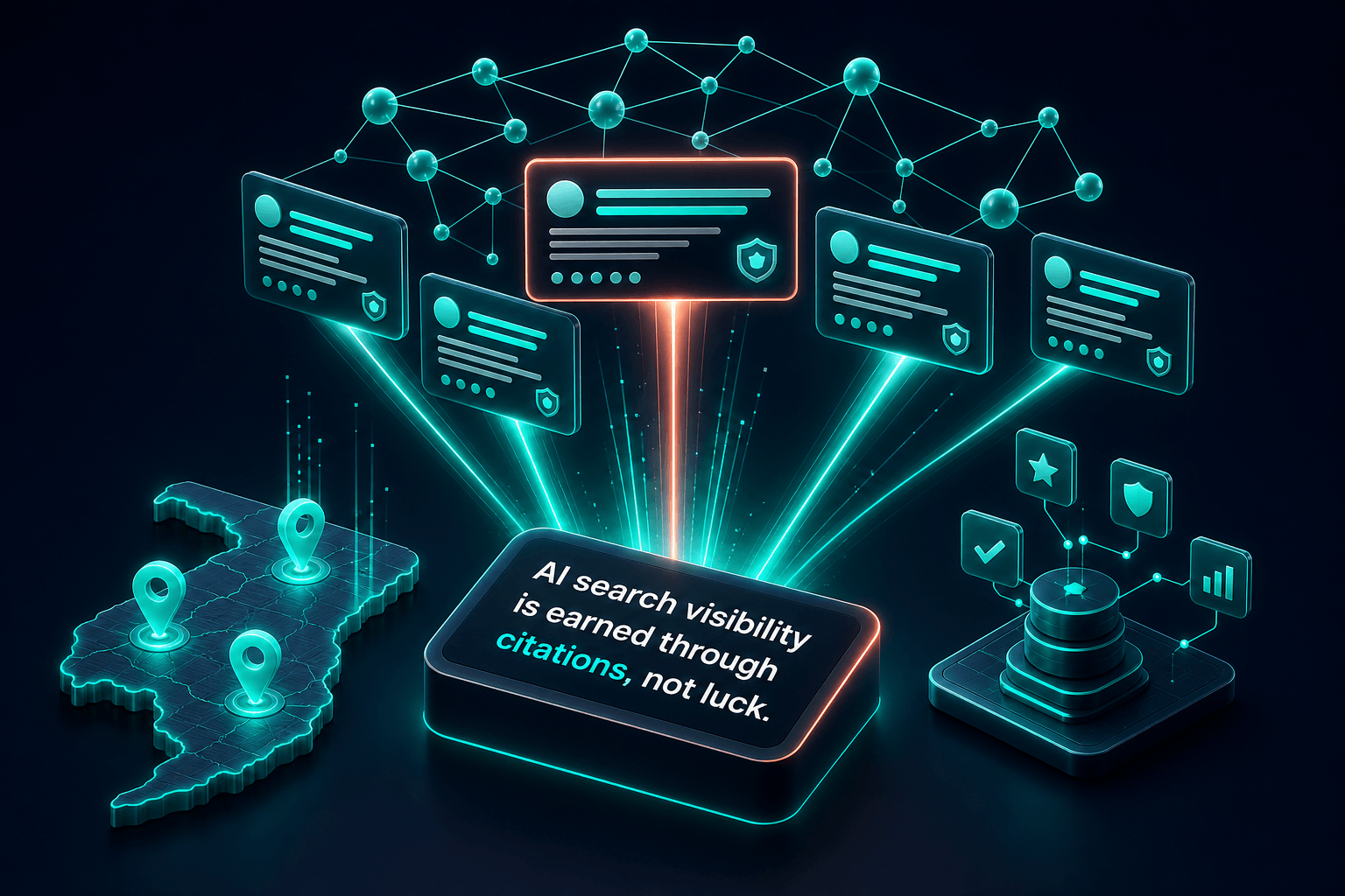 Conceptual 3D illustration showing a lead direct-answer sentence block rising into vertical light beams toward floating citation cards and retrieval pipelines, deep navy and teal color palette with coral emphasis, premium isometric style