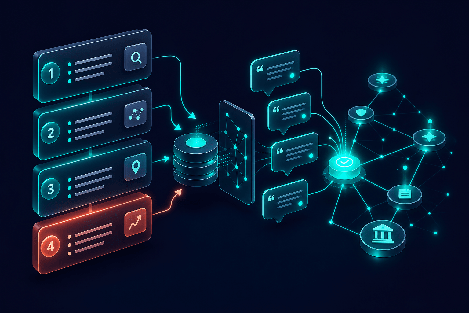 3D isometric visualization of modular bullet and numbered list units as stacked translucent blocks feeding into AI extraction pipelines and citation bubbles, navy and teal palette with coral detail