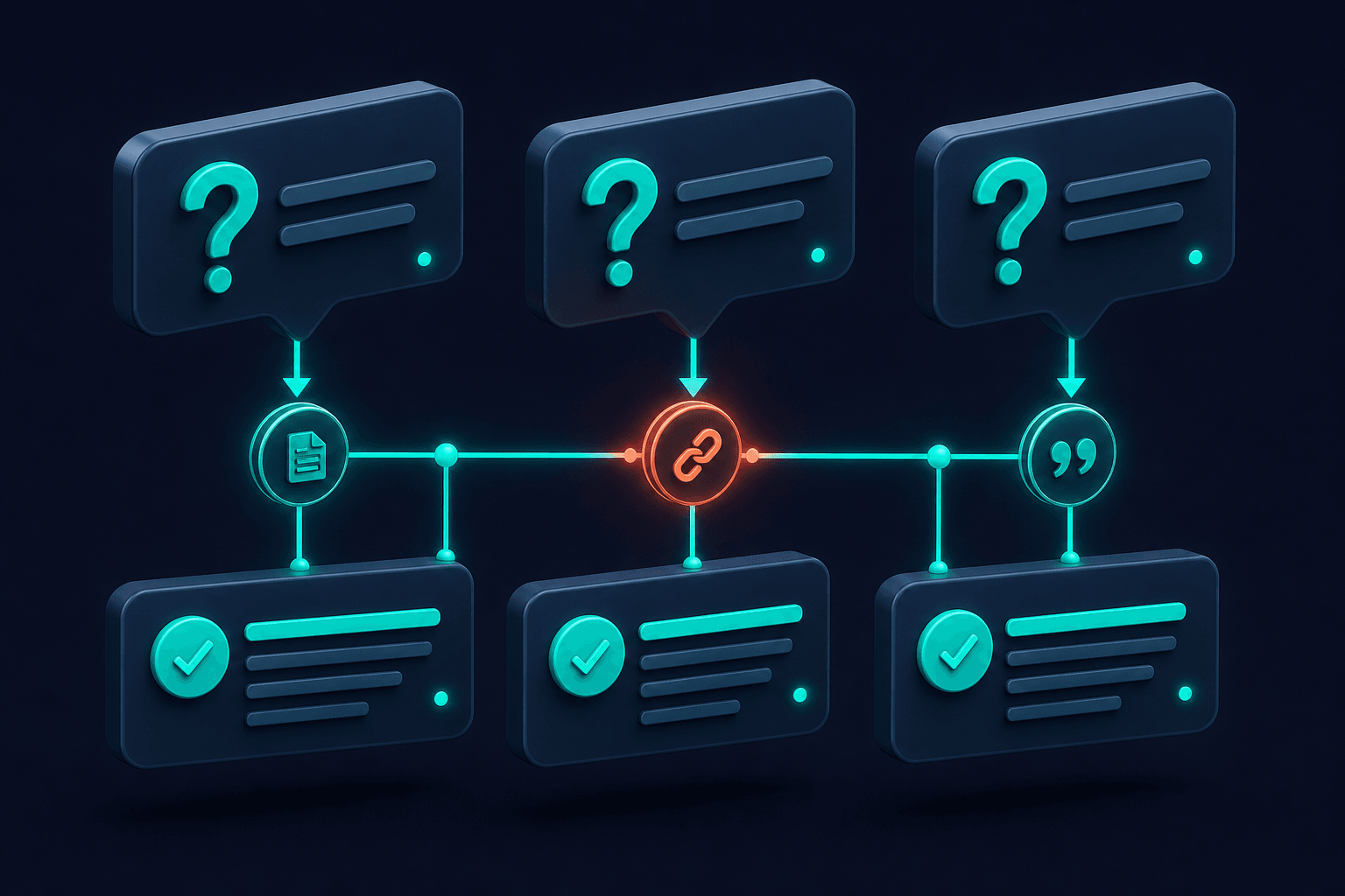 Isometric 3D scene of question-style headings as floating query cards linking directly to concise answer blocks below, connected by teal retrieval flows on a navy background with subtle coral highlights