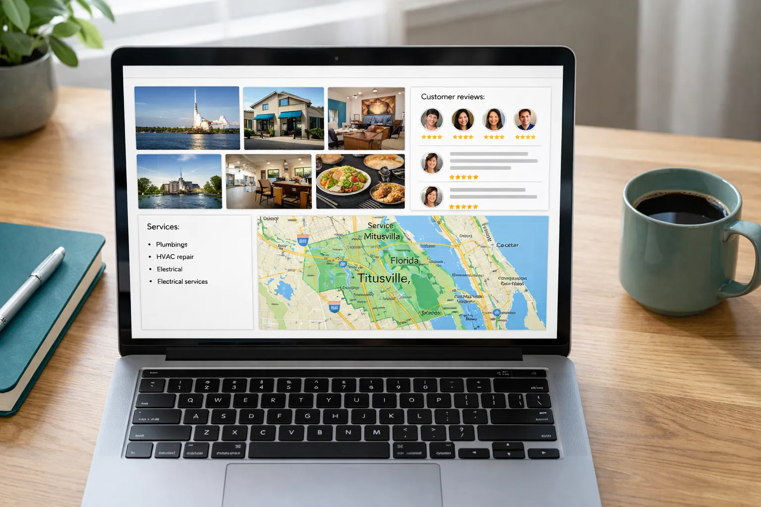 Clean Google Business Profile dashboard for a Titusville business showing photos, reviews and service areas