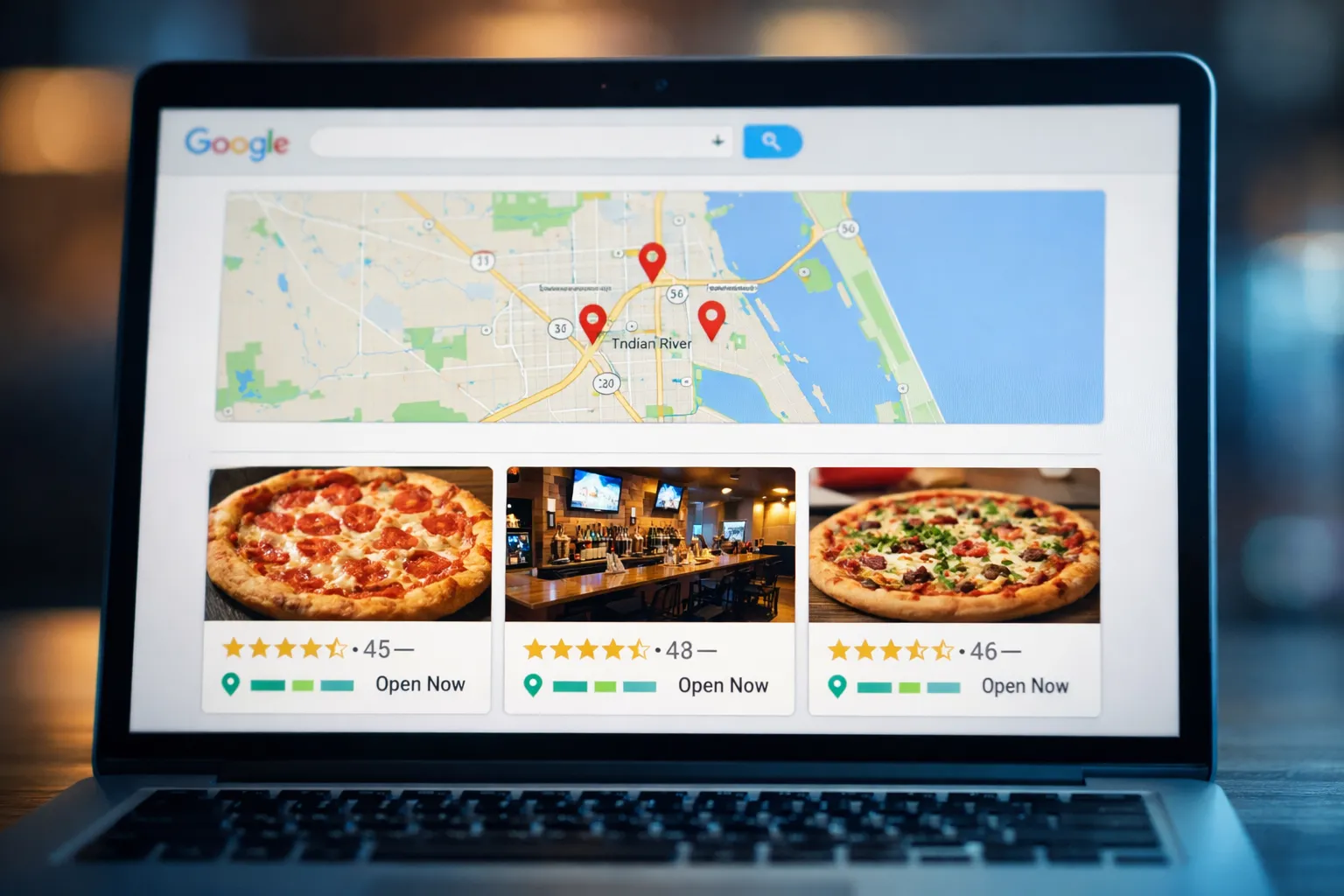 Google local pack results showing three businesses on map for near me search in Titusville Florida