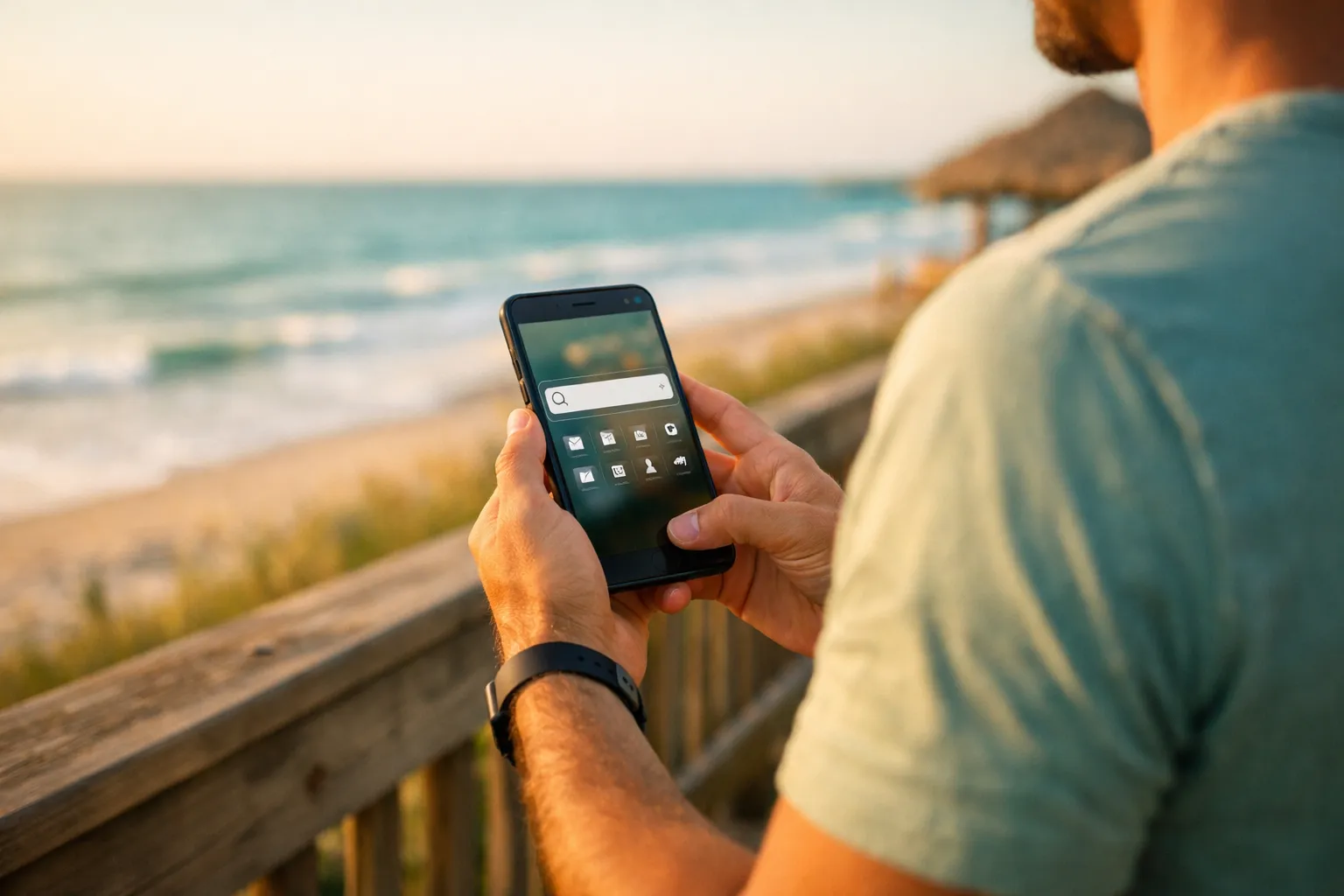 Person using smartphone to search for nearby services on a sunny day in Cocoa Beach, Florida