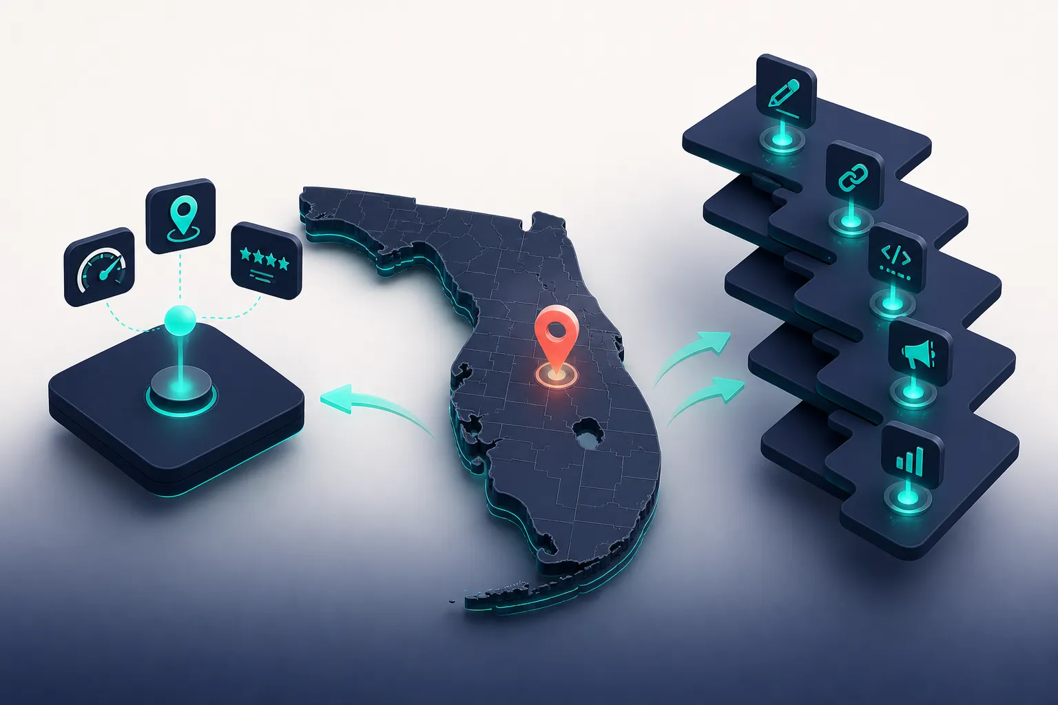 Isometric 3D comparison of a single consultant workstation card beside a multi-role agency team of stacked cards, both connected by teal arrows to a glowing Orlando map pin