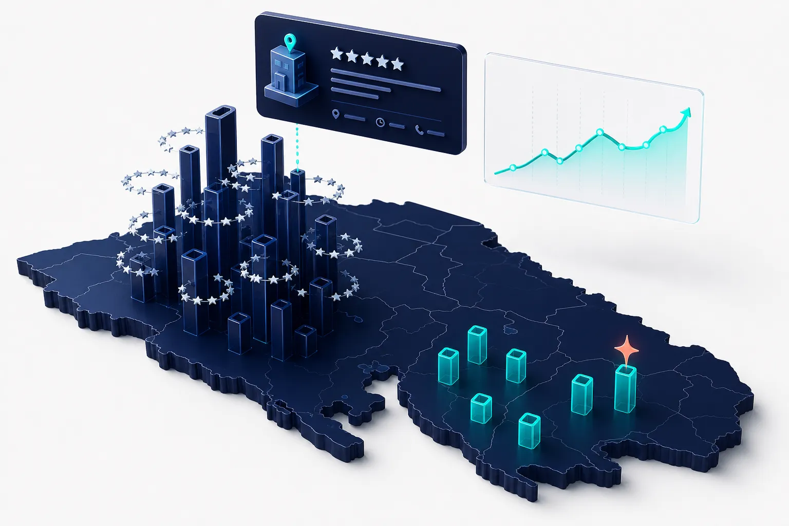 Conceptual 3D chart of Orlando industry tiers: tall crowded columns for locked categories and low open columns with a coral spark, floating over a stylized Orange County map