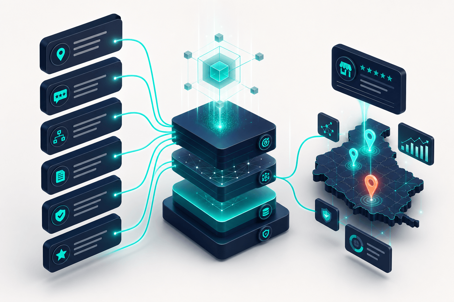 Conceptual 3D illustration of clean one-idea bullet lists rendered as floating vertical blocks, each bullet connected by teal lines into a knowledge synthesis pipeline on a navy and off-white background