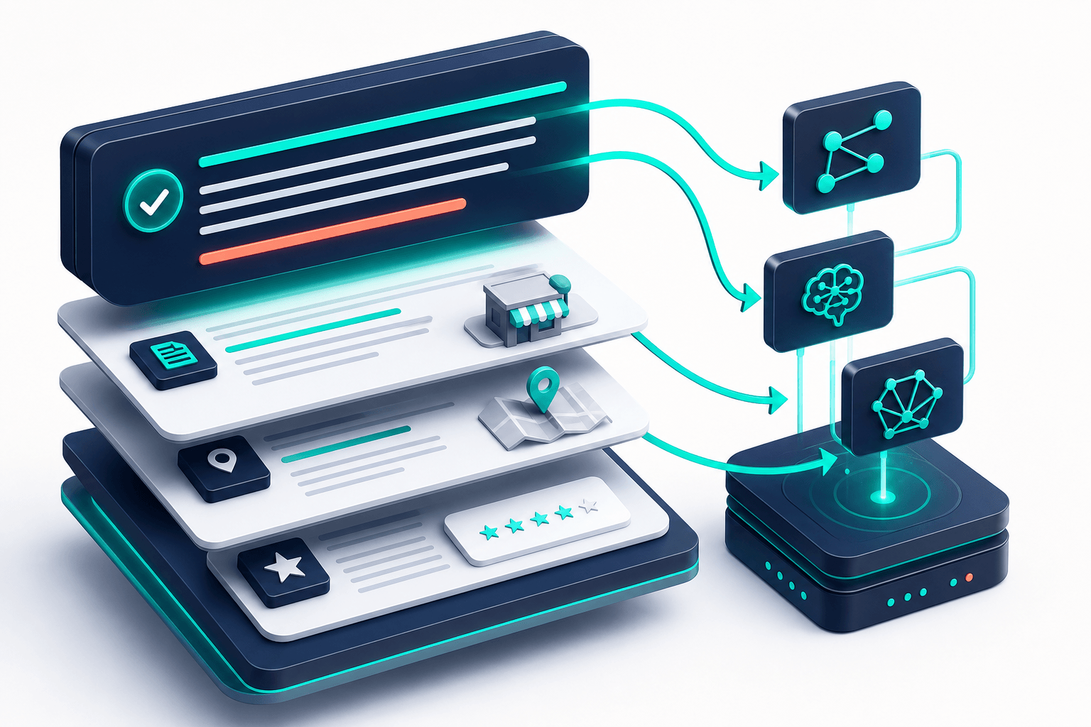 Conceptual 3D illustration of a direct answer block positioned at the top of a layered content structure, with teal retrieval arrows pulling the answer into an AI citation flow, deep navy and off-white palette with teal highlights