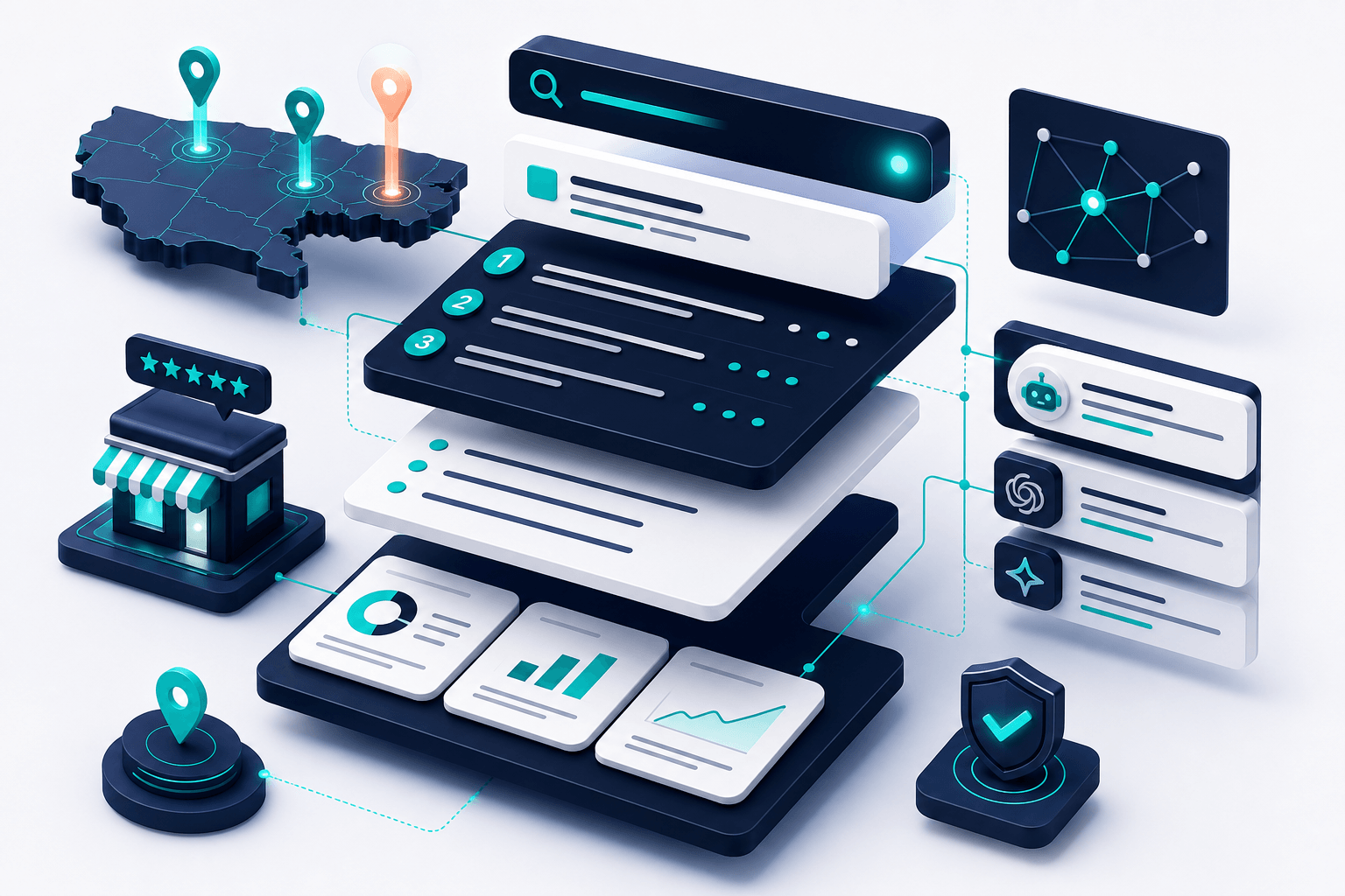 Layered 3D content architecture with question-style headings, bullet-point blocks, and sourced statistic cards floating in depth with teal highlights on off-white navy gradient
