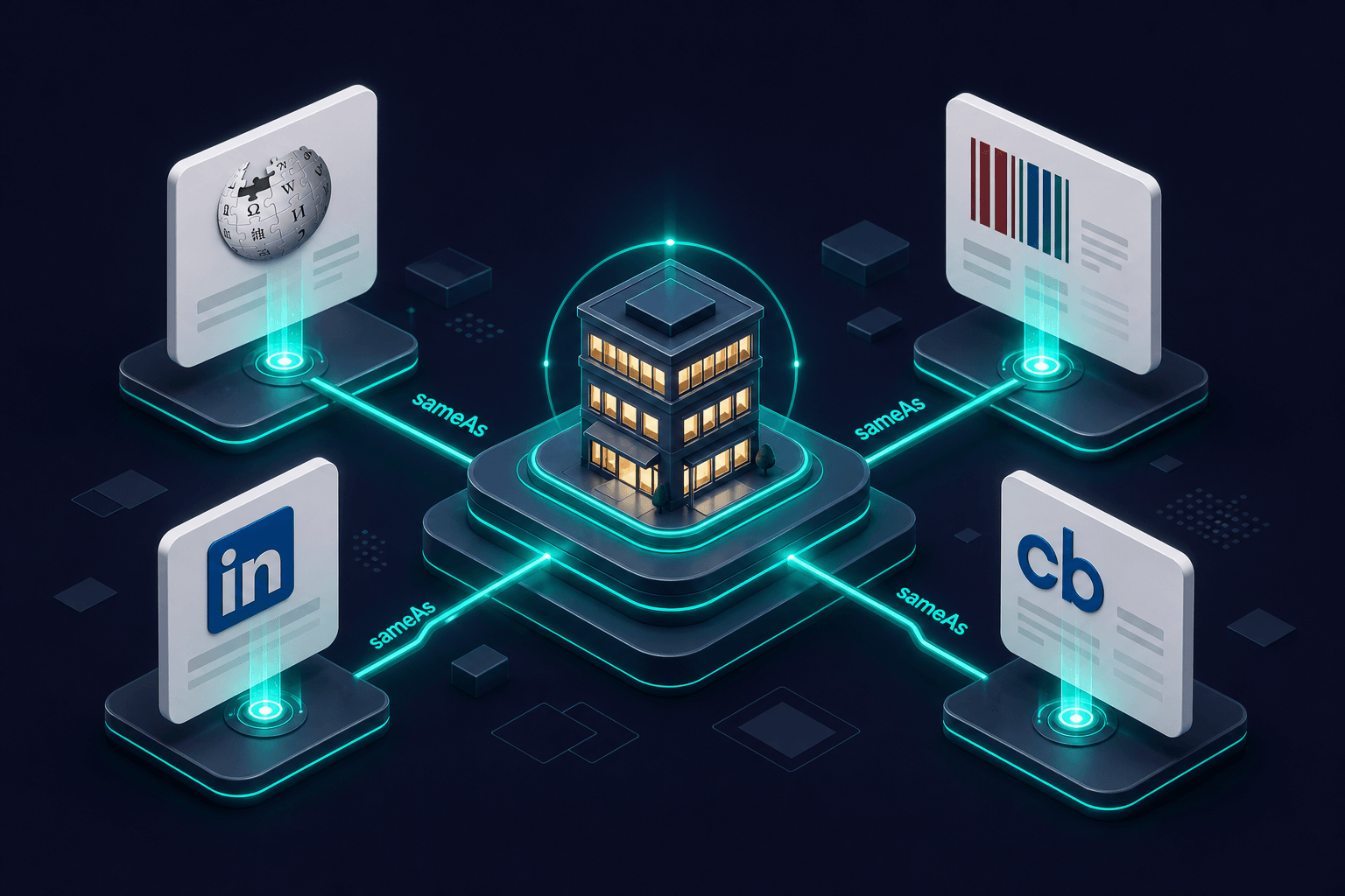 Isometric 3D entity graph showing a central business node with sameAs links to Wikipedia, Wikidata, LinkedIn, and Crunchbase floating in teal light beams on deep navy background