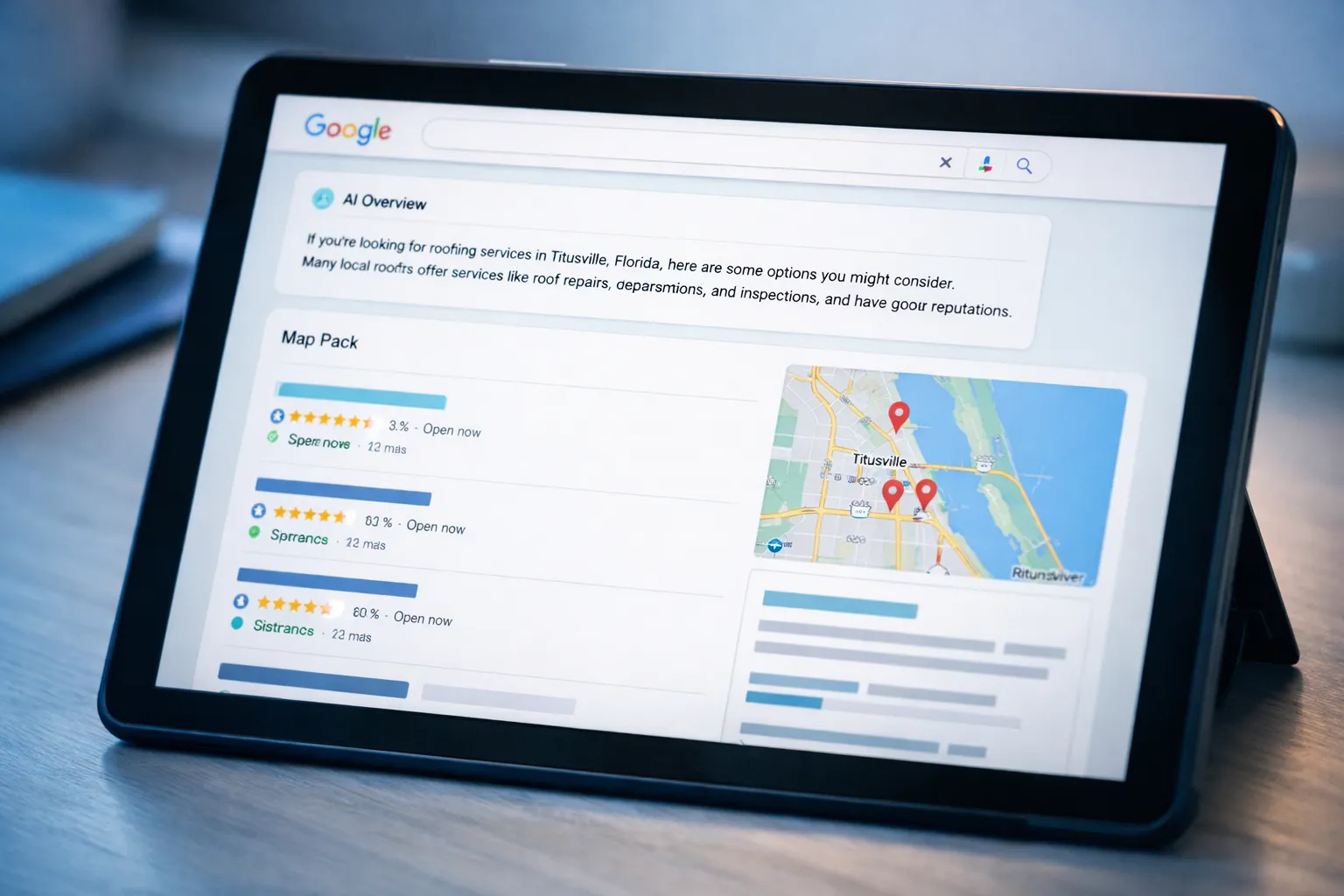 Search results page showing AI-generated summaries and local business listings for roofing services in Florida