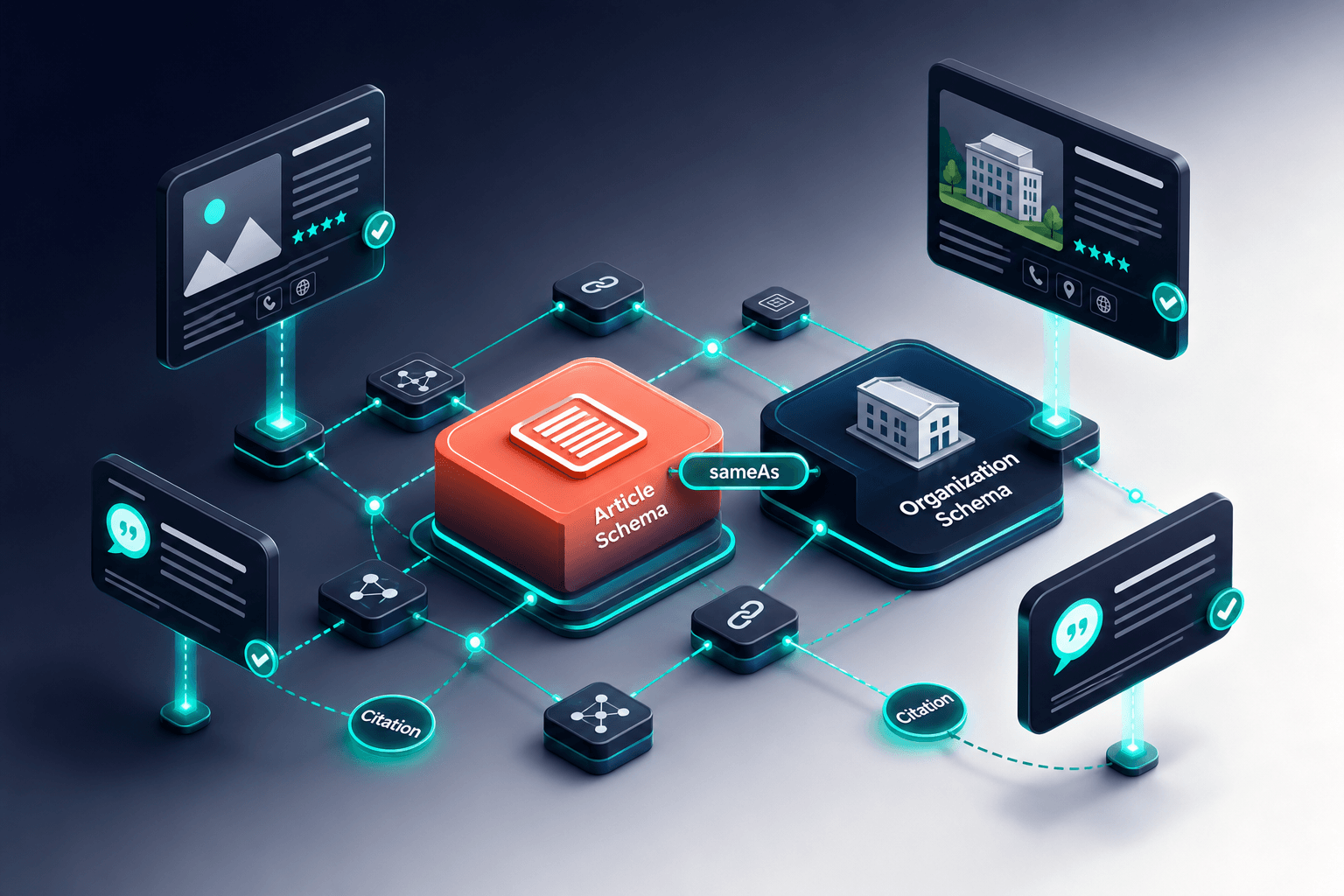 Isometric 3D entity graph with Article and Organization schema nodes linked by sameAs connections, floating knowledge-panel cards and teal relationship lines on a navy gradient background