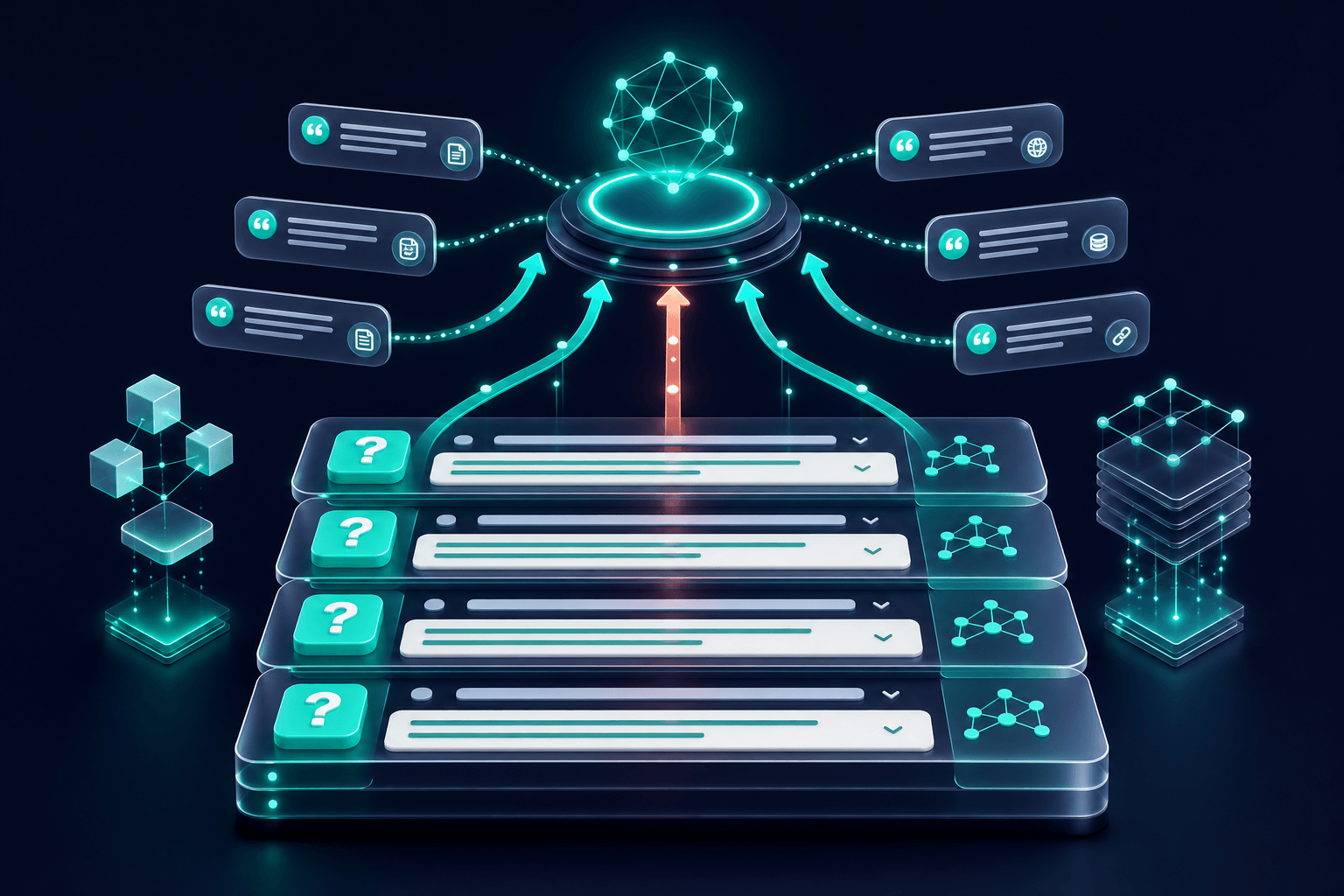 Floating 3D FAQPage schema cards with question-answer pairs arranged in a vertical pipeline, teal citation arrows rising toward a glowing AI retrieval node, deep navy and off-white palette with subtle coral highlight on the top card