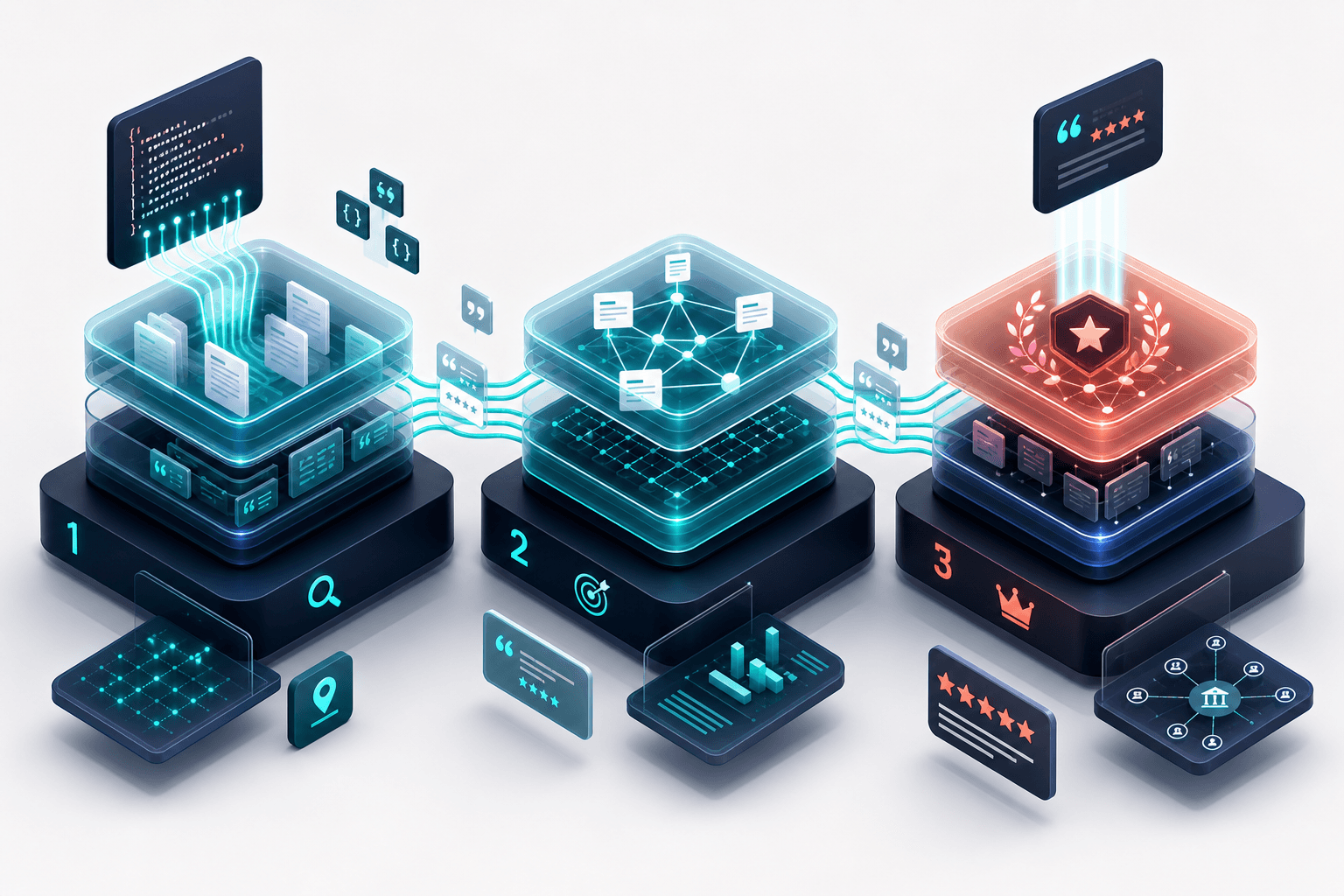 Layered 3D JSON-LD pipeline blocks showing schema data flowing through retrieval, relevance, and authority stages with teal connecting lines and floating citation badges, navy and off-white color palette