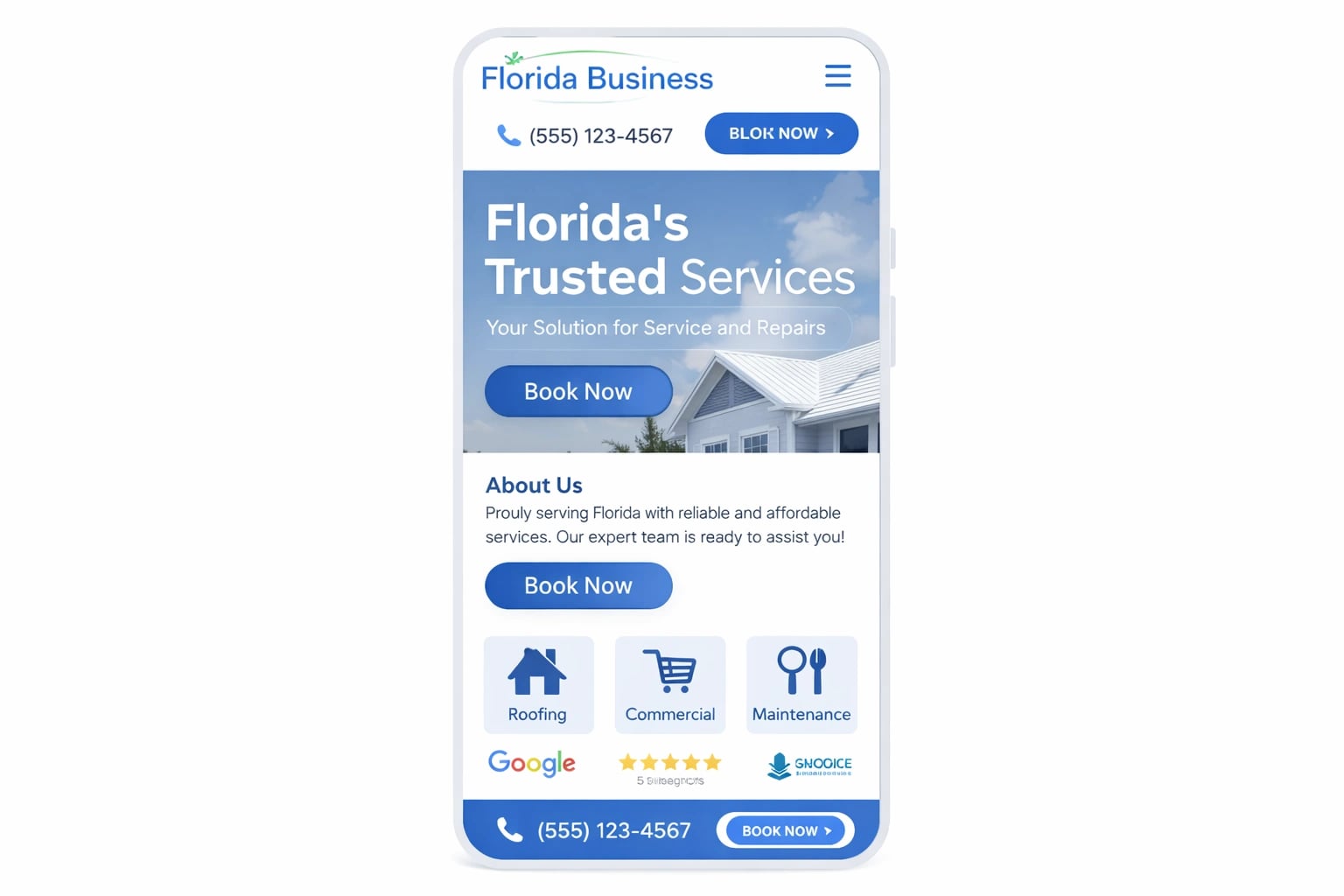 Website design mockup showing conversion-focused elements like call-to-action buttons for a Florida business