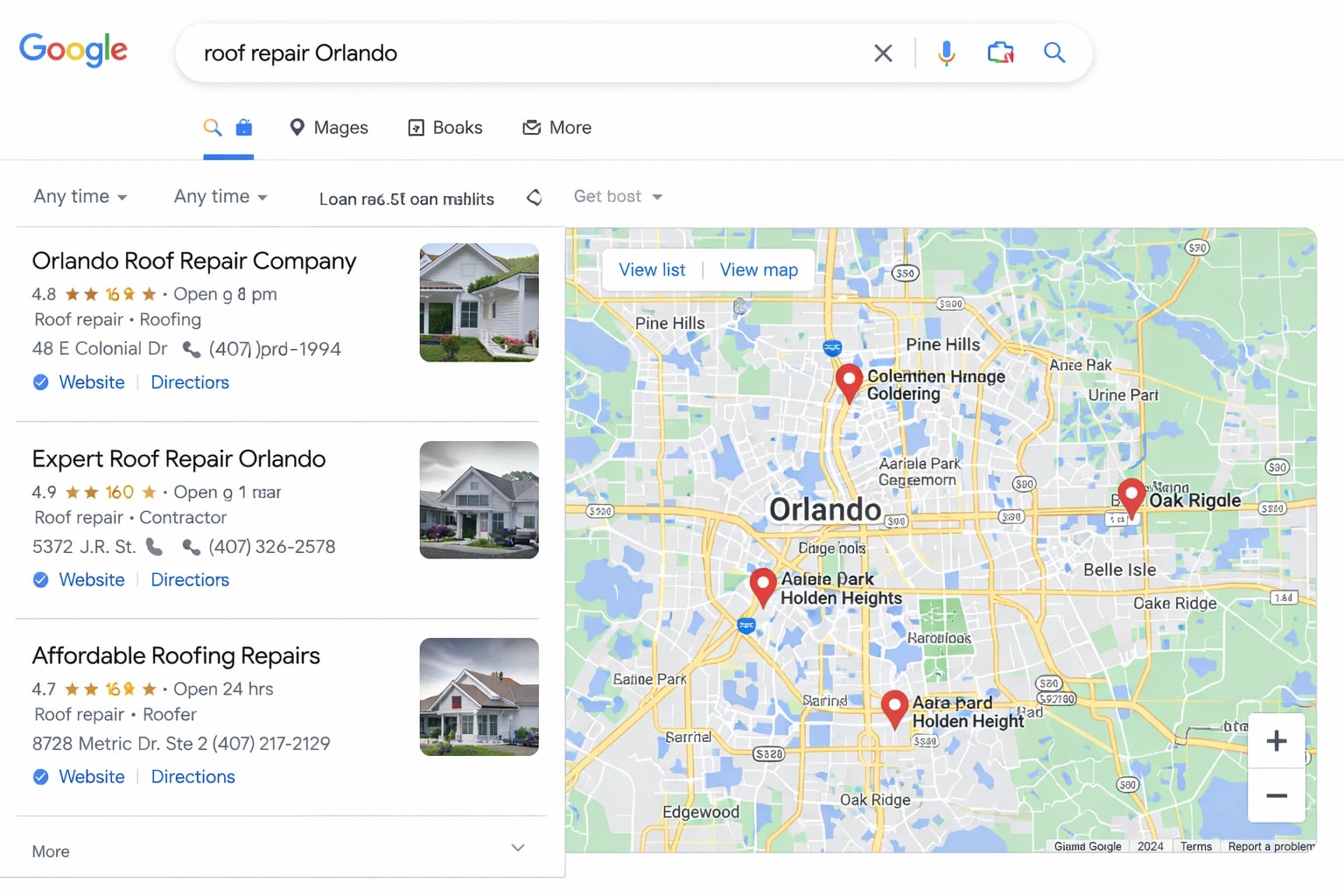 Google Maps search results showing local business listings for a Florida service