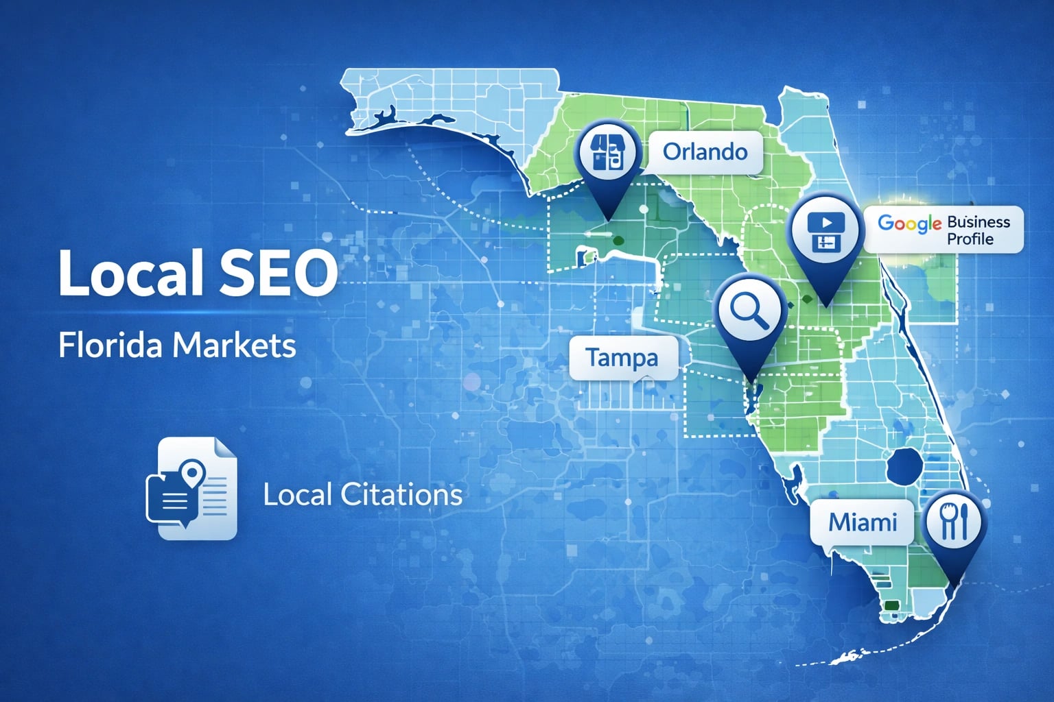 Local SEO strategy map highlighting service areas in Florida for a business