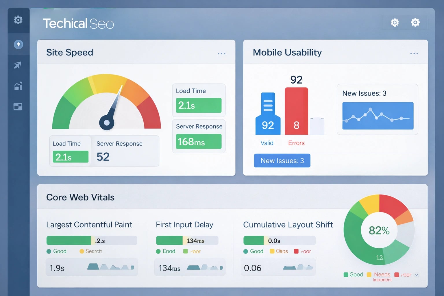 Dashboard showing technical SEO metrics like site speed and mobile usability for a business website