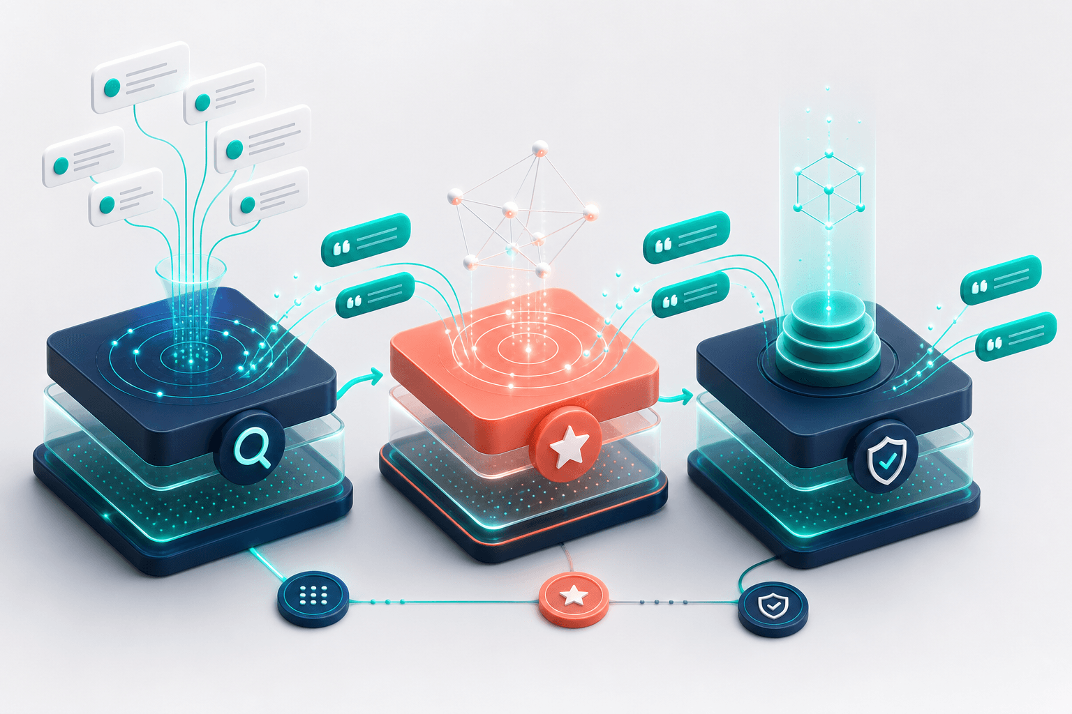Layered 3D retrieval pipeline blocks labeled Retrieval, Relevance, and Authority with citation flows between them, teal connecting lines, soft navy and off-white background