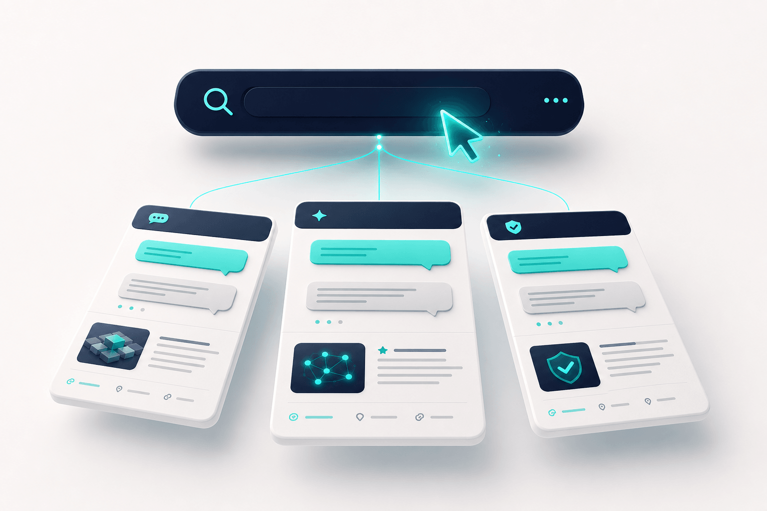 Central 3D search bar in navy with teal cursor glow, three result cards fanning out below in tiered depth showing natural language query components, soft shadows