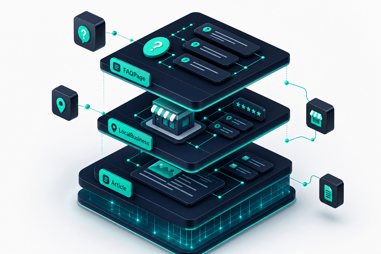Exploded isometric view of stacked schema layers (FAQPage, LocalBusiness, Article) as floating translucent 3D blocks with connecting nodes, teal accents on a navy background