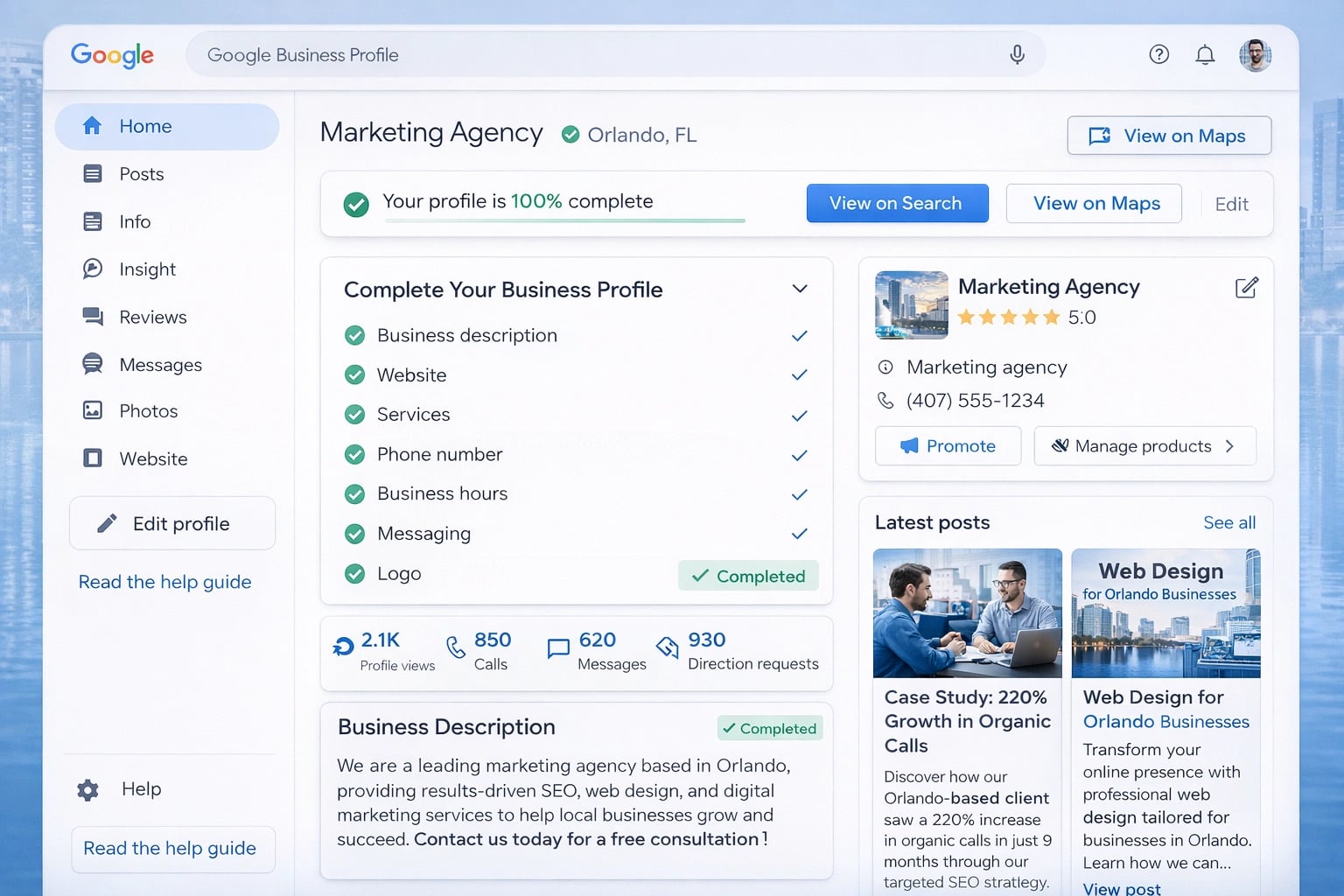 Google Business Profile dashboard optimized for an Orlando business
