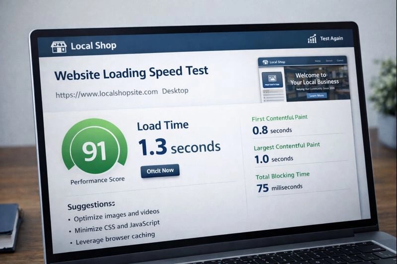 Loading speed test results on a computer screen for a small business website