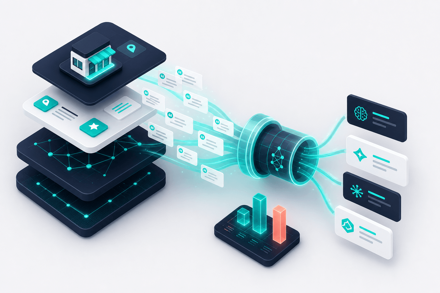 Layered 3D schema markup blocks with teal highlights floating above a stylized regional map, citation flows connecting to AI retrieval pipeline, deep navy and off-white palette, conceptual isometric illustration
