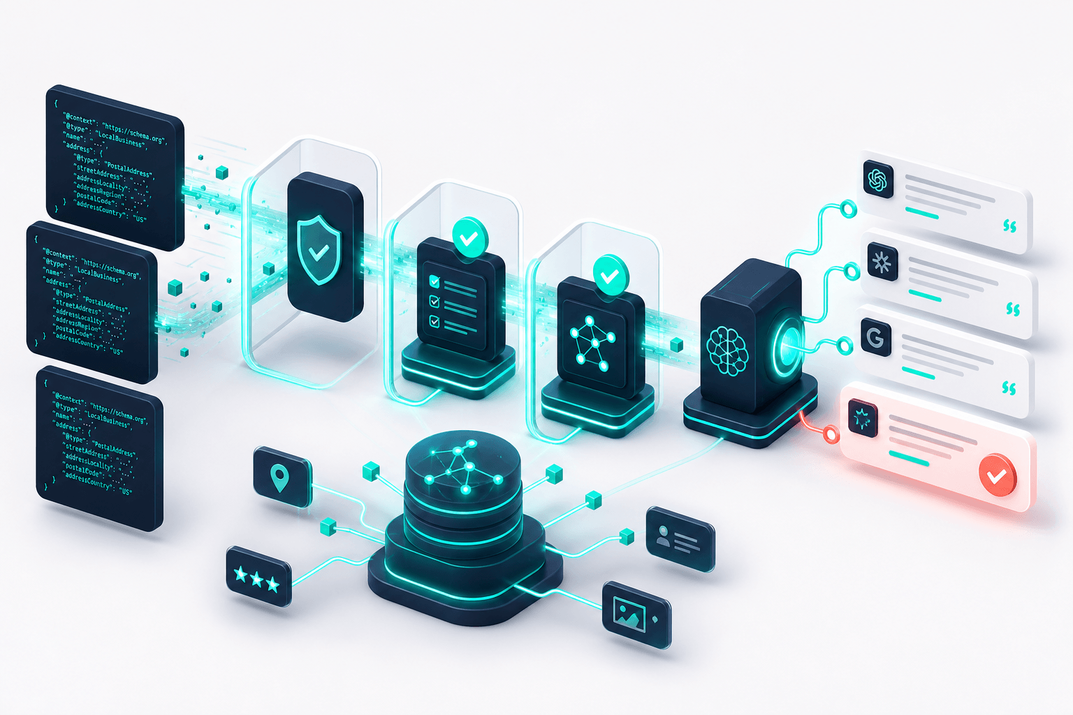 Isometric 3D pipeline showing JSON-LD blocks flowing through validation and into AI citation stages, teal highlights and coral emphasis on successful output, deep navy and light-gray palette