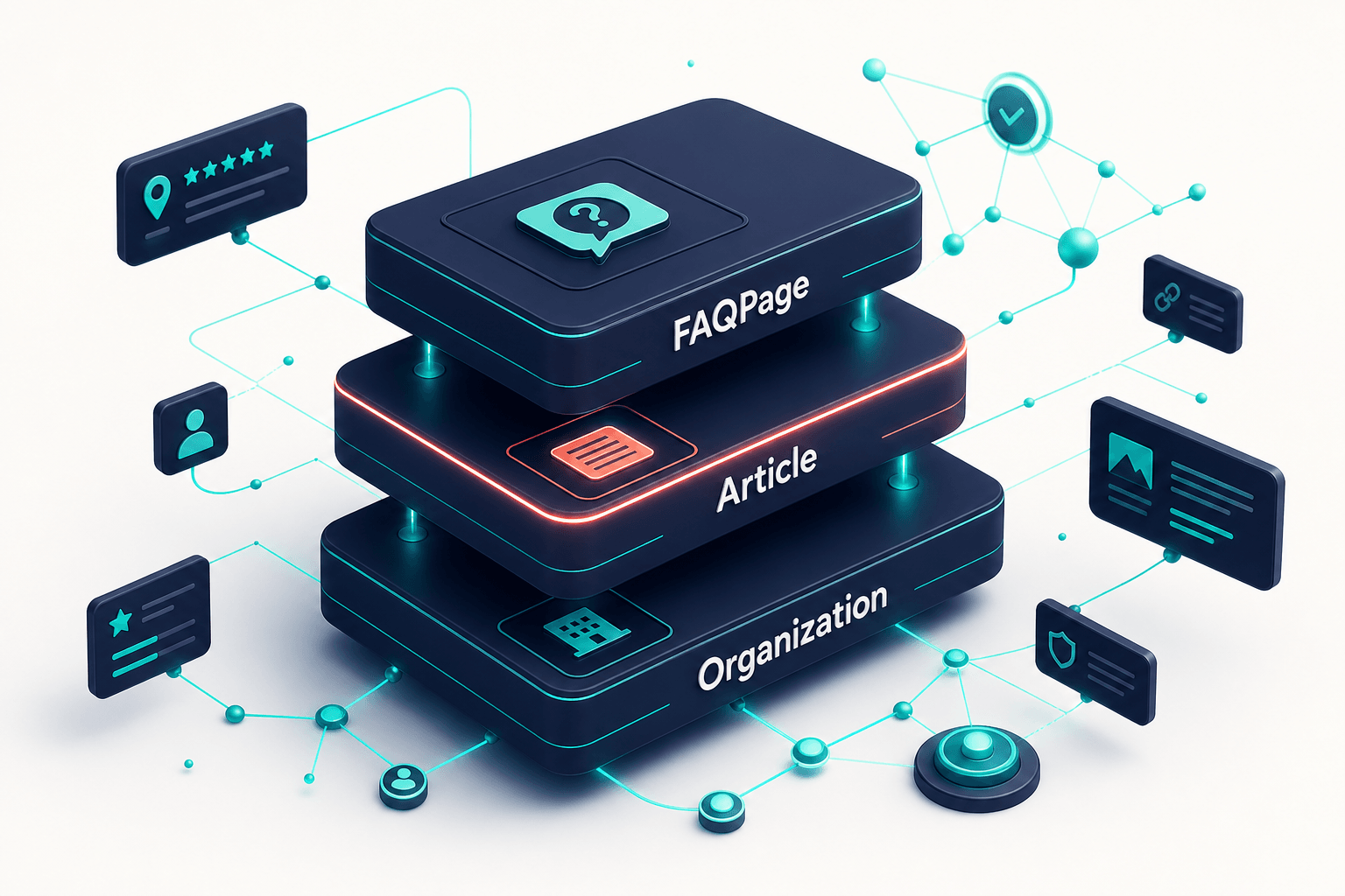 Three complementary 3D schema type blocks (FAQPage, Article, Organization) stacked with connecting teal lines and knowledge-graph nodes, premium conceptual illustration on soft navy gradient