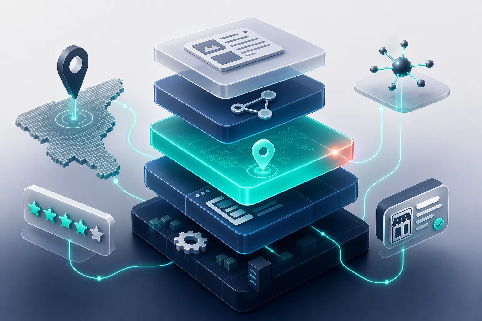 Isometric five-layer SEO stack of floating translucent 3D blocks for technical, on-page, local, off-page, and content with teal connectors