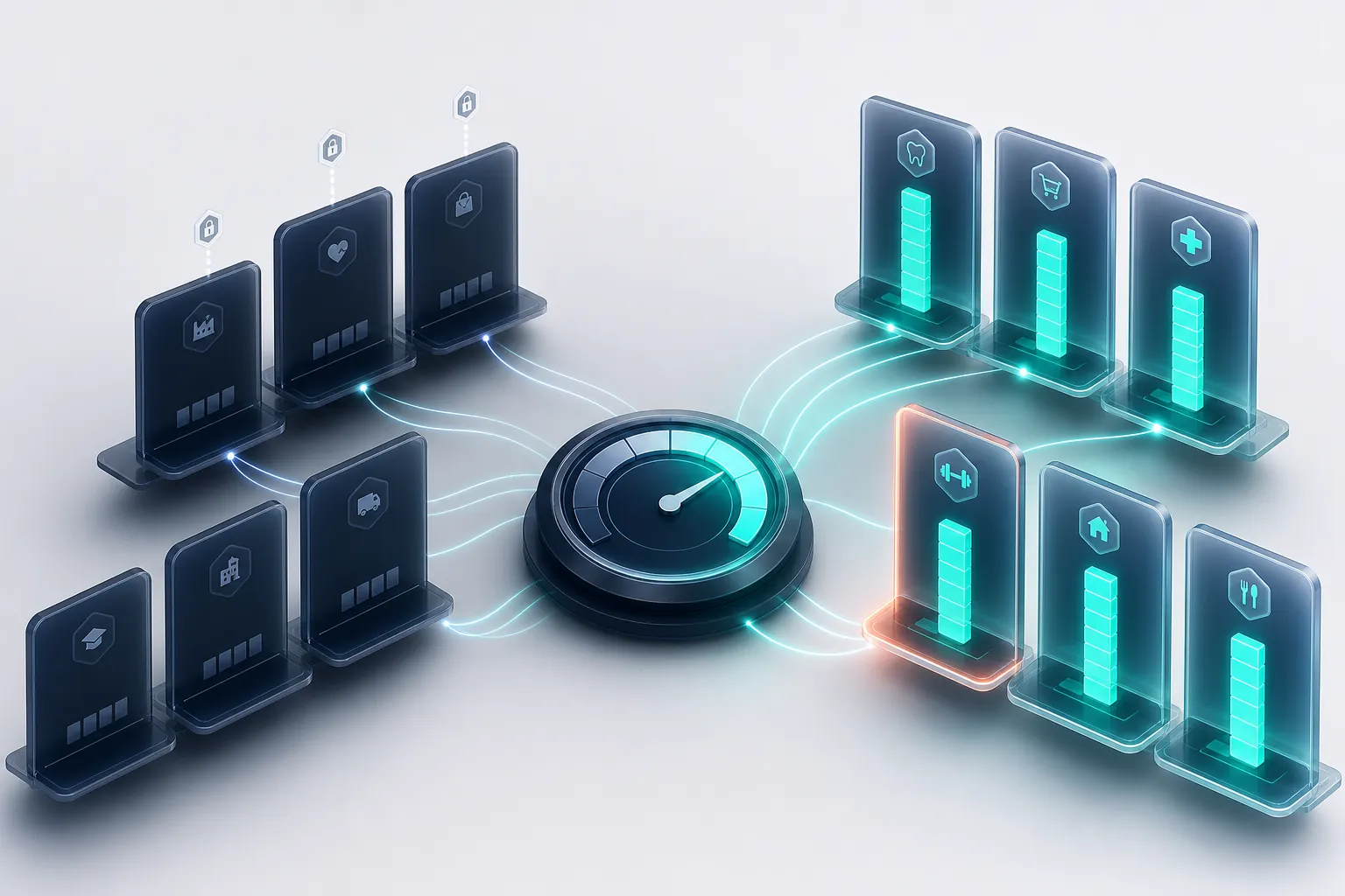 Conceptual 3D illustration of locked versus open Tampa industry opportunity cards with teal growth bars and one coral-highlighted open category