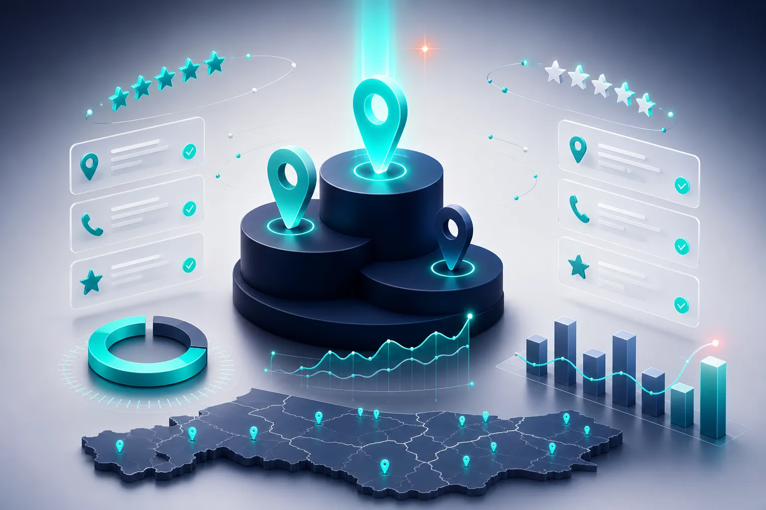 Isometric 3D map pack podium with three glowing ranking pins, orbiting review stars, NAP citation cards, and a teal profile-completion ring
