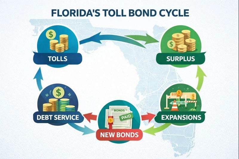 Diagram showing the circular flow of Florida toll surpluses to debt service, new bonds, expansions, and perpetual tolls