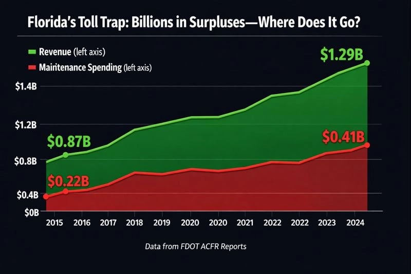 Bar chart showing Florida toll revenue versus operations and maintenance spending from 2015-2025, highlighting $7.2 billion surplus