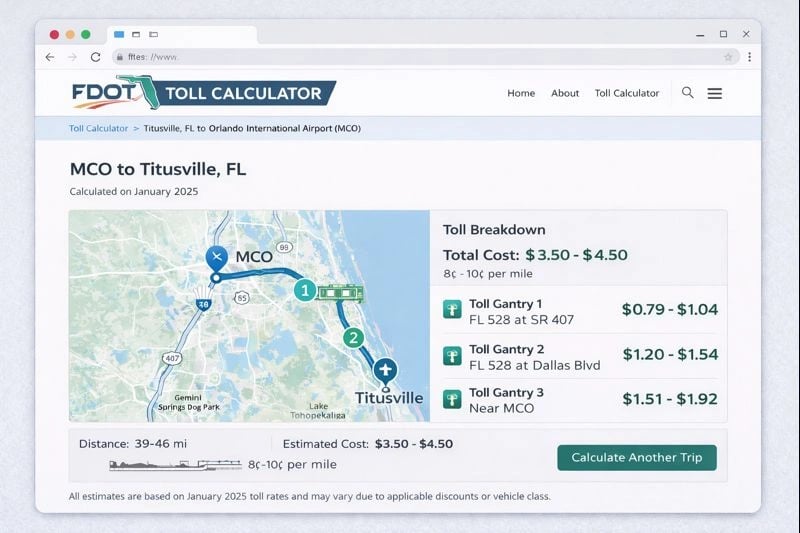 Screenshot of FDOT toll calculator showing breakdown of gantry charges and total costs for Titusville to MCO route