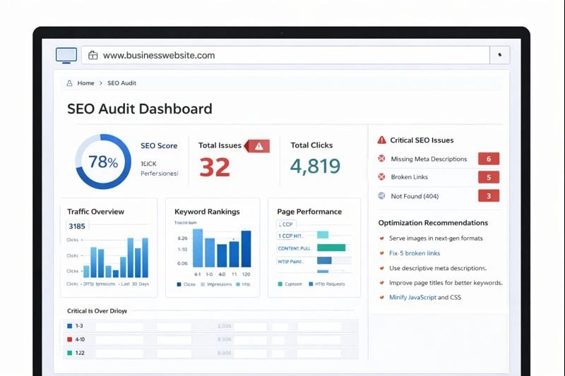 SEO audit dashboard displaying website performance metrics and issues