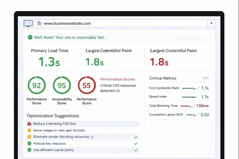 Website speed test results on a computer screen showing load time metrics