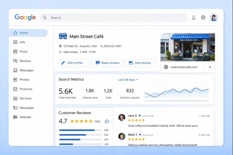 Google Business Profile dashboard showing business information and metrics for local visibility