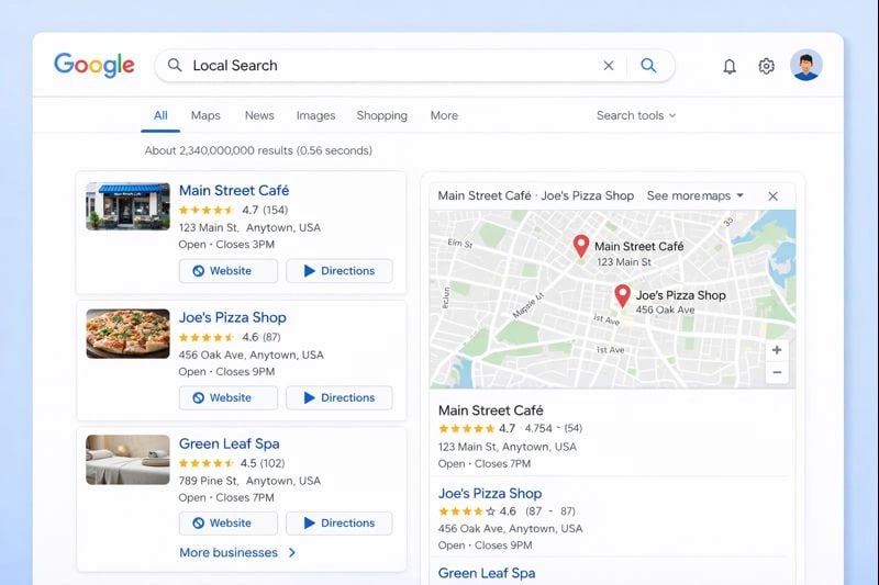 Local search results on Google showing businesses with optimized profiles