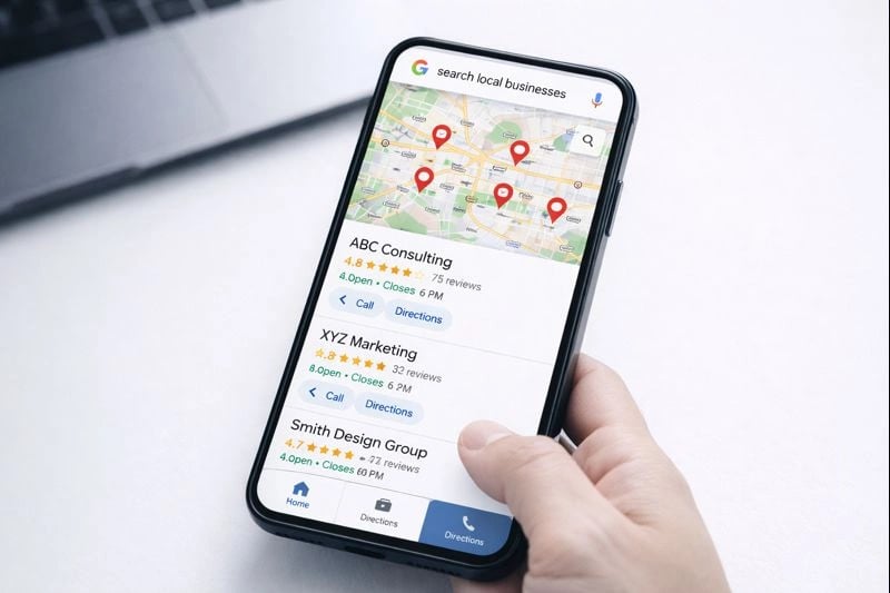 Map interface showing local business search results on a mobile device