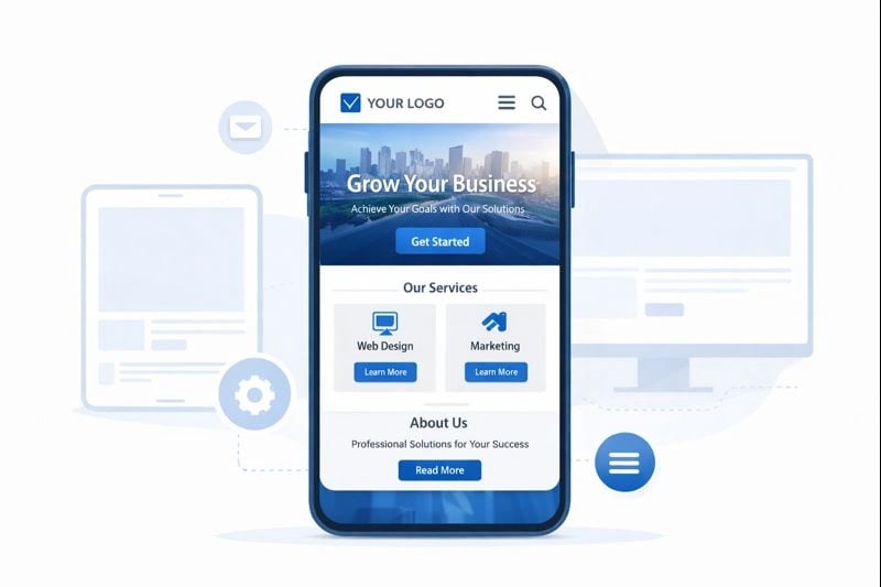Illustration of mobile-first design concept showing a smartphone with a website layout