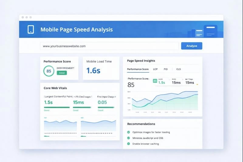 Screenshot of mobile page speed analysis tools showing performance metrics