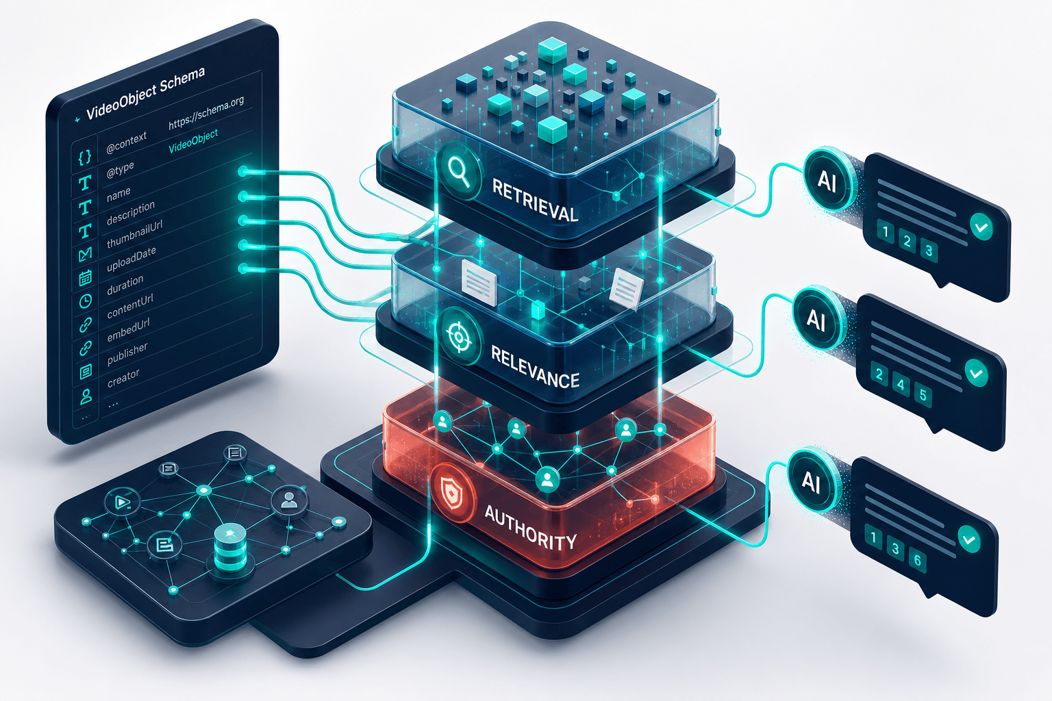 Isometric 3D ranking pipeline showing VideoObject schema flowing through Retrieval, Relevance, and Authority layers into AI-generated answers, with citation bubbles and teal connection lines on a deep navy and off-white background.