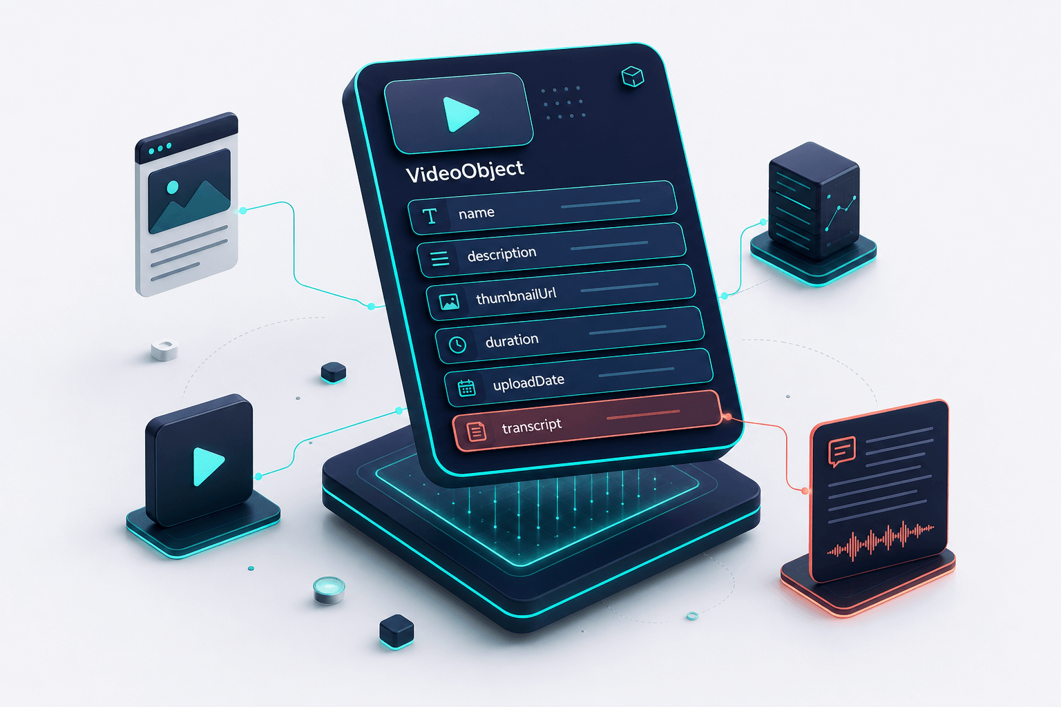 Floating 3D VideoObject schema card displaying key properties including name, description, thumbnailUrl, duration, uploadDate and transcript, with teal highlights and subtle coral accent on the transcript property against a navy and off-white gradient.