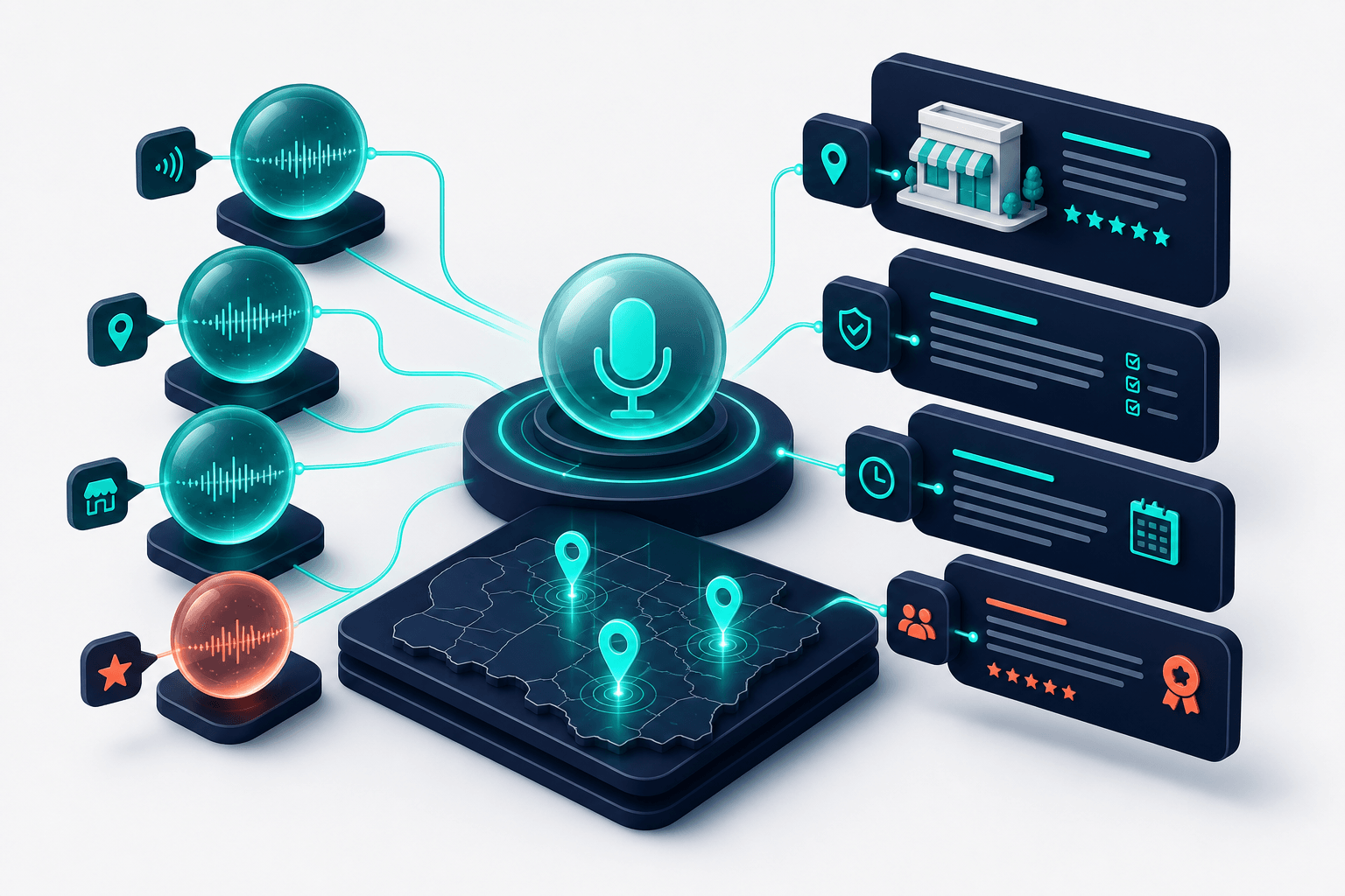 Floating 3D network of natural language voice questions as translucent teal orbs linking to matching H2 headings and sentence structures, set against deep navy with soft off-white negative space and subtle coral connection lines